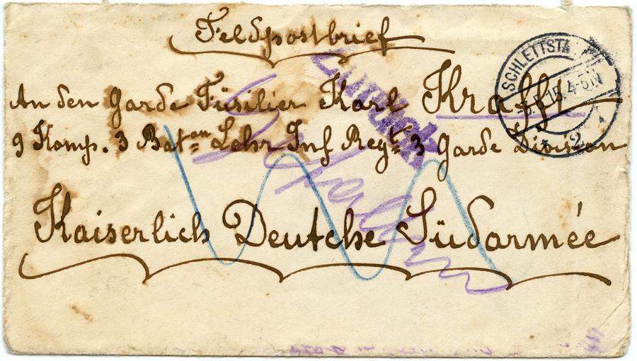 Une lettre envoyée à Karl Krafft par sa grand-mère le 2 Juin 1915, qui lui a été retournée. 