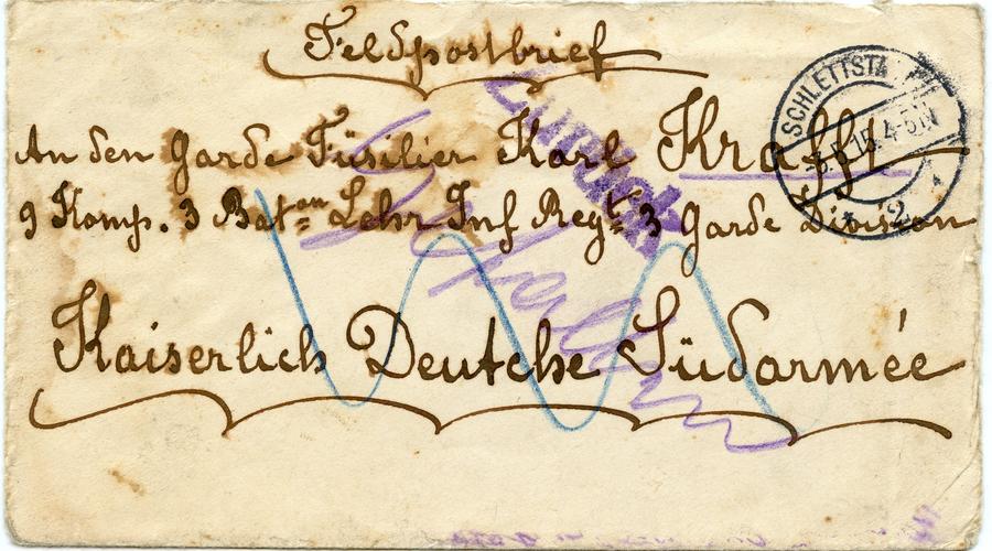 Une lettre envoyée à Karl Krafft par sa grand-mère le 2 Juin 1915, qui lui a été retournée. 