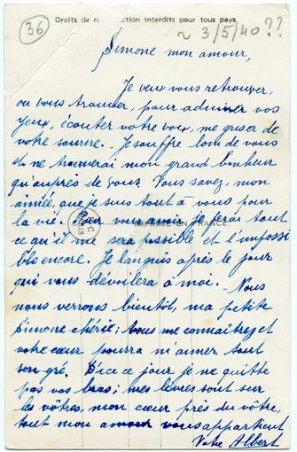 Verso de la carte postale. "Pour vous avoir, je ferai tout ce qu'il me sera possible et l'impossible encore. Je languis le jour qui vous dévoilera à moi. Nous nous verrons bientôt ma petite Simone chérie."