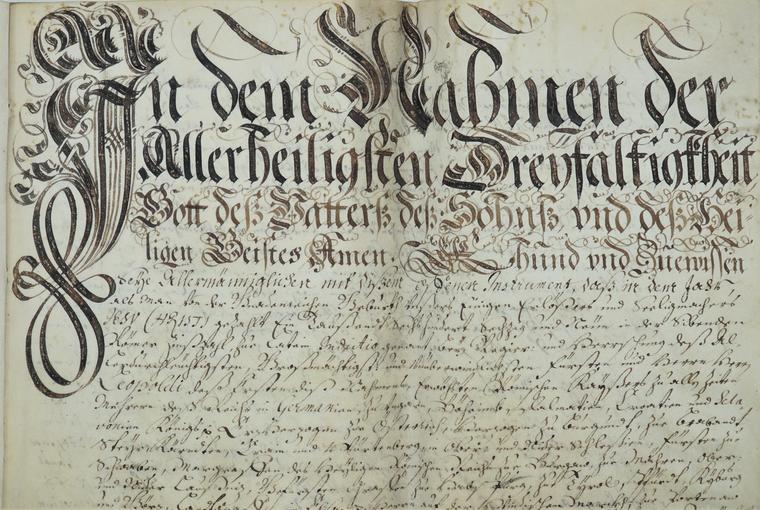 Acte notarié constatant les droits de Sélestat sur le cours de l'Ill, du Mühlwasser. (DD35 - 1669). La lettrine représente la lettre i.