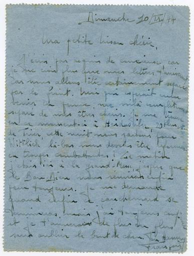Lettre écrite par François Meusburger adressée à sa "Nison", Denise, et envoyée le 10 Septembre 1944. 
