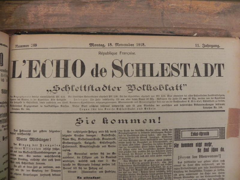 Le journal L'Echo de Schlestadt et la une française du 22 Novembre 1918