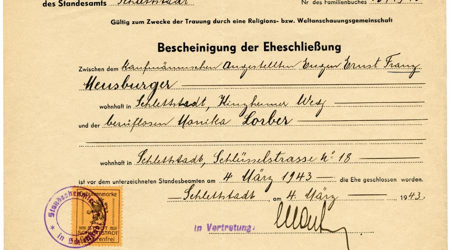 Acte de mariage entre "Franz" François Meusburger et "Monika" Lorber, dont le nom français est Denise. Ils se sont mariés le 4 Mars 1943, juste avant l'incorporation de force de François dans la Wehrmacht.