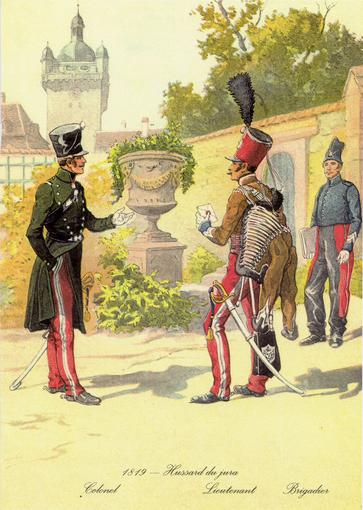 Illustration représentant un colonel, un lieutenant et un brigadier du régiment de Hussard du Jura (époque : 1819)