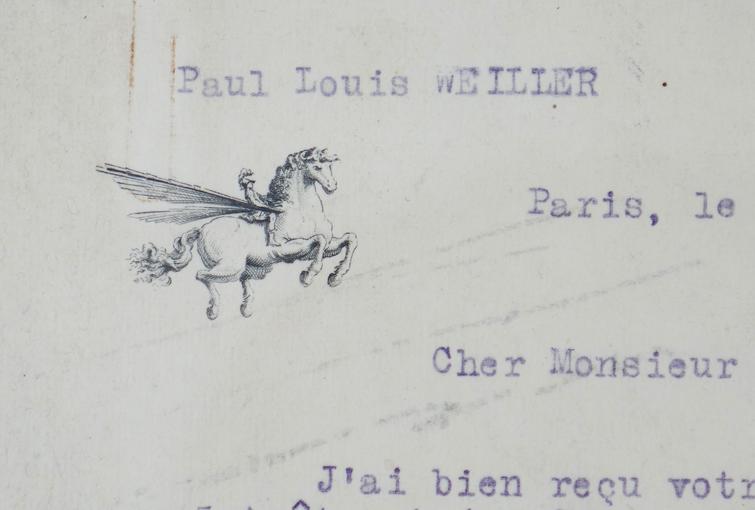 Entête de lettre personnelle de Paul Louis Weiller (1893-1993), ingénieur, héros de l'aviation, patron d'industrie, grand mécène des arts et Commandeur de la Légion d’honneur. Il était précurseur de l'actuelle Air France.  