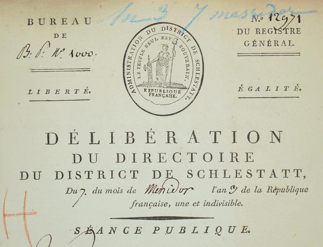 Entête d'une délibération du Directoire du District de Schlestatt, an 3e de la République. Nous pouvons voir ici le bonnet phrygien