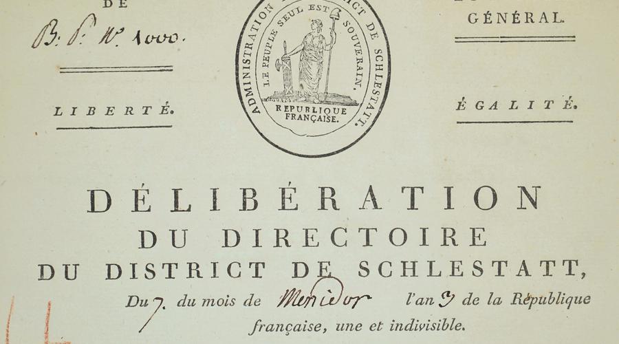 Entête d'une délibération du Directoire du District de Schlestatt, an 3e de la République. Nous pouvons voir ici le bonnet phrygien