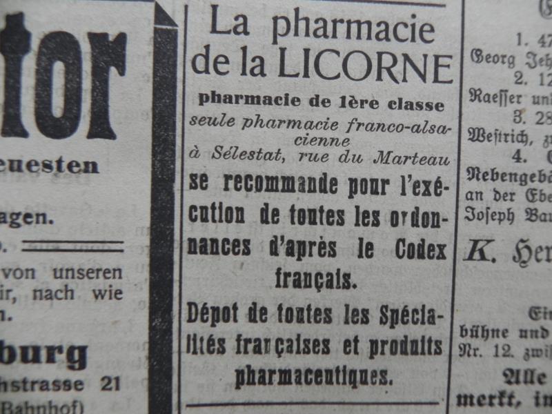 Petite annonce de la pharmacie de la Licorne, "seule pharmacie franco-alsacienne", paru en 1919.