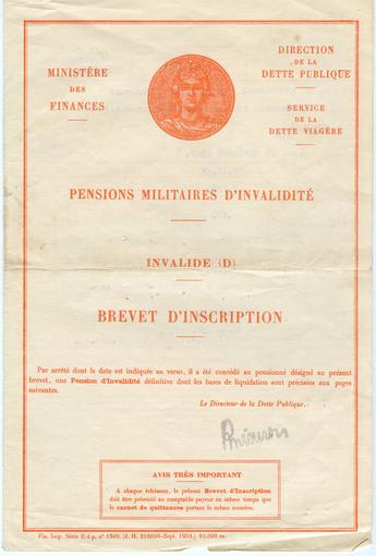 Pension militaire d'invalidité adressée à François Meusburger. 