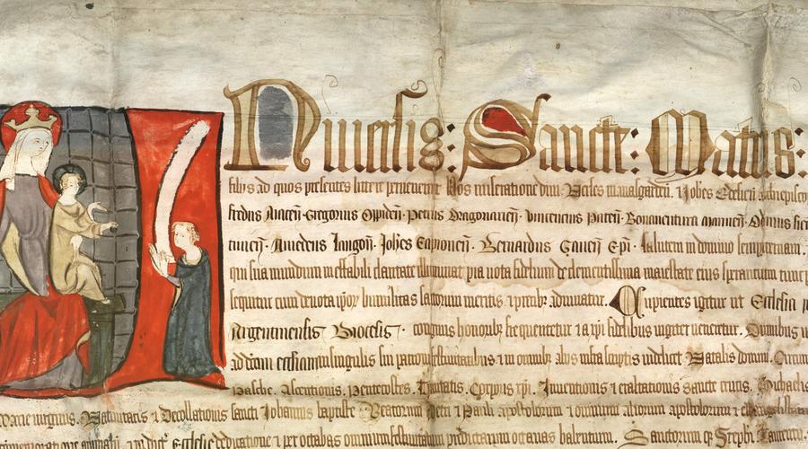 Lettre d'indulgence pour l'église paroissiale d'Utenheim (Bas-Rhin). (JJ36-23 - 1343). Ce parchemin comporte une  très belle lettrine (U) peinte et polychrome (Une Vierge à l'Enfant couronnée portant un lys).