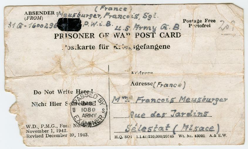Carte postale envoyée par François Meusburger à Denise alors qu'il était hospitalisé en Angletter et captif des américains. 