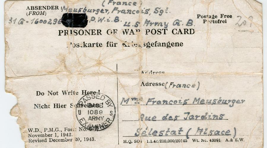 Carte postale envoyée par François Meusburger à Denise alors qu'il était hospitalisé en Angletter et captif des américains. 