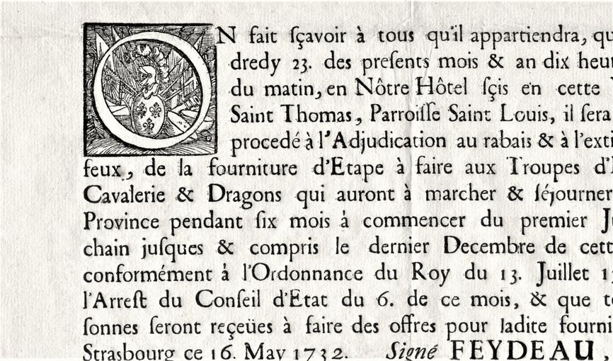 Lettre de Paul Esprit Feydeau, chevalieur, seigneur de Brou (AA184 - 1732). La lettrine représente une O.  