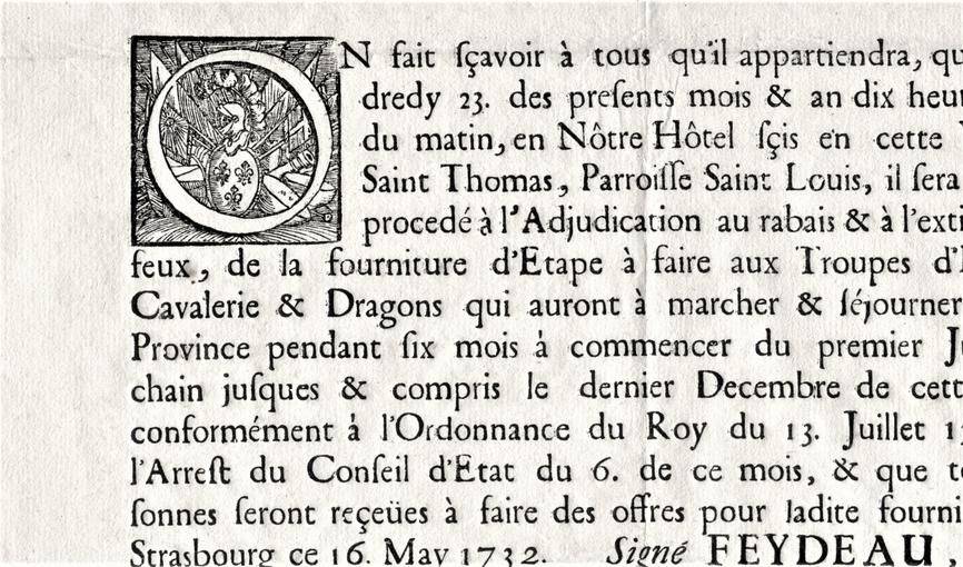 Lettre de Paul Esprit Feydeau, chevalieur, seigneur de Brou (AA184 - 1732). La lettrine représente une O.  