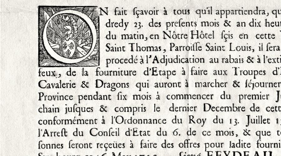 Lettre de Paul Esprit Feydeau, chevalieur, seigneur de Brou (AA184 - 1732). La lettrine représente une O.  
