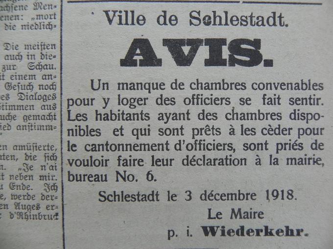 Le Maire de Sélestat demande aux sélestadiens de céder des chambres qui seraient disponibles pour le cantonnement des officiers. Le 5 Décembre 1918