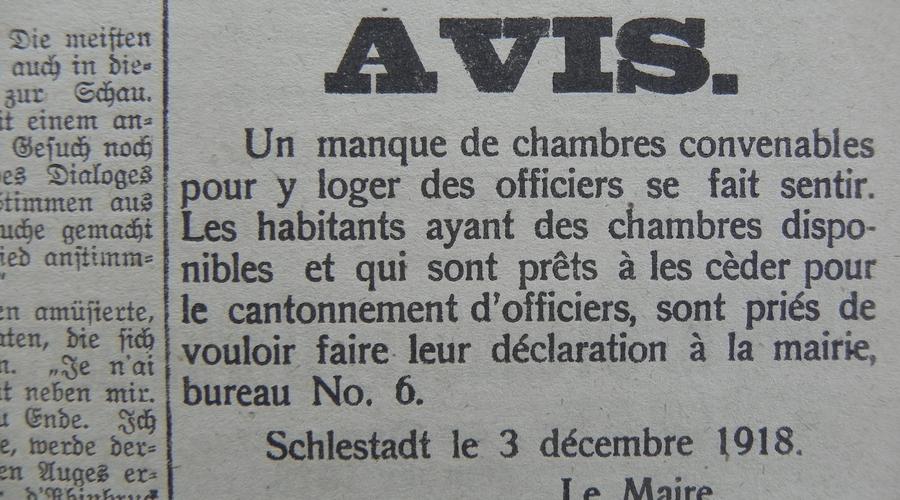 Le Maire de Sélestat demande aux sélestadiens de céder des chambres qui seraient disponibles pour le cantonnement des officiers. Le 5 Décembre 1918