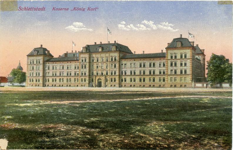 Carte postale représentant la Kaserne König Karl vers 19014, renommée caserne Schweisguth après l'armistice de 1918.