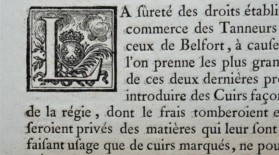 Extrait d'un correspondance du Roi (AA185 - 1760/1777). La lettrine imprimée représente la lettre L.