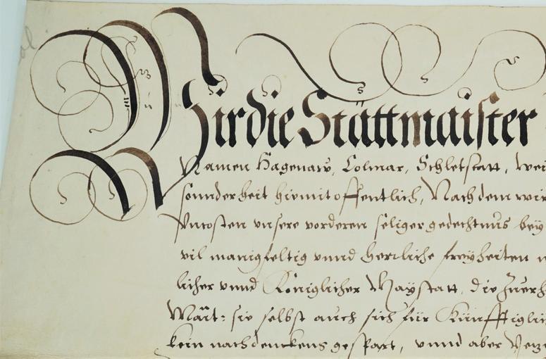 Parchemin relative à la Décapole, alliance entre les 10 villes impériales (AA13 - 1577). La lettrine représente un W.