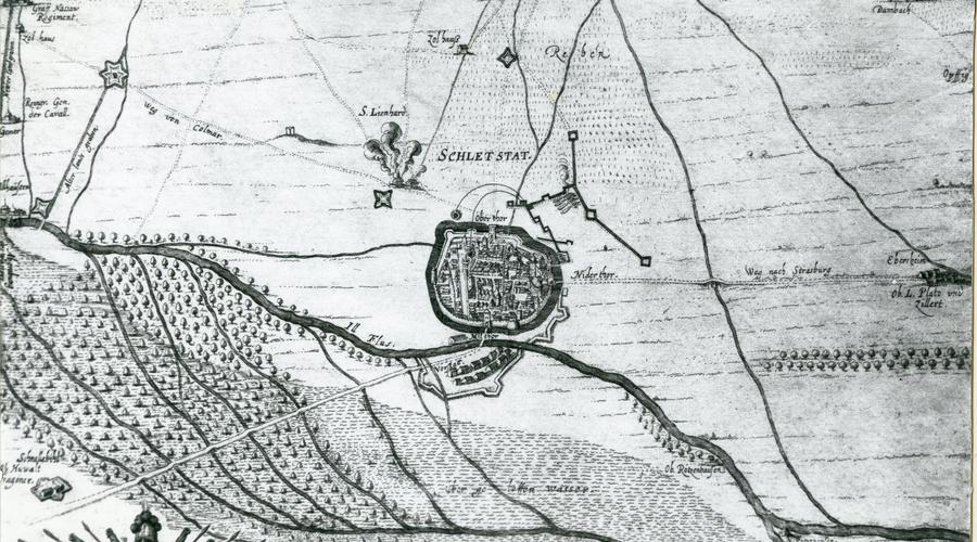 Carte du siège des suédois sur la ville de Sélestat en 1632.