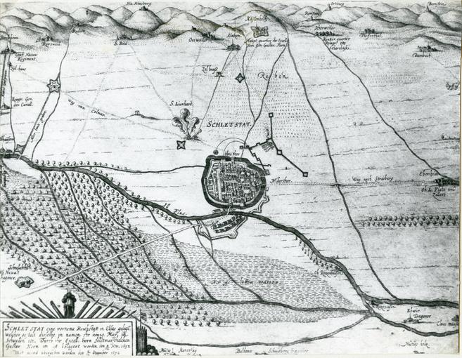 Carte du siège des suédois sur la ville de Sélestat en 1632.