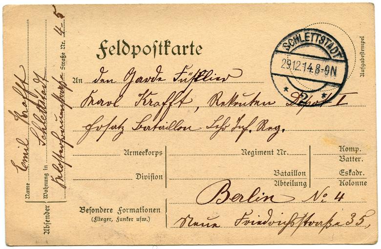 Carte postale envoyée à Karl Krafft par son père Emil Krafft, le 29 Décembre 1914. L'adresse de Karl a changé, il a été envoyé à Berlin. 