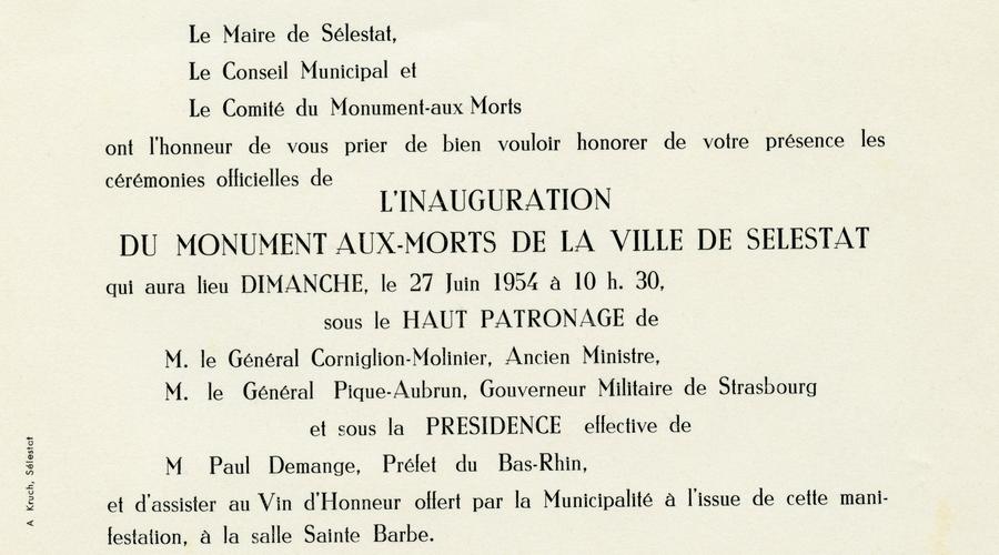 Livret de l'inauguration du Monument aux Morts de la ville de Sélestat le 27 Juin 1954, durant laquelle la ville a rendu hommage à Charles Krafft, faisant partie des soldats tombés pendant les deux Guerres Mondiales. 