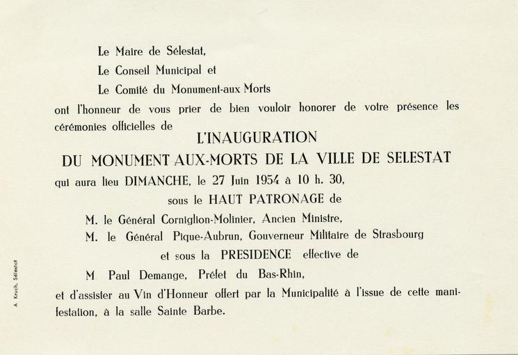 Livret de l'inauguration du Monument aux Morts de la ville de Sélestat le 27 Juin 1954, durant laquelle la ville a rendu hommage à Charles Krafft, faisant partie des soldats tombés pendant les deux Guerres Mondiales. 