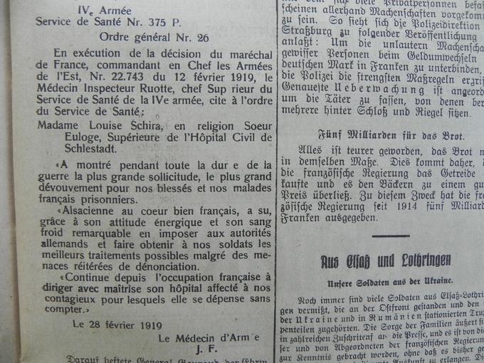 Hommage à Madame Louise Schira, Sœur Euloge, Supérieure à l’Hôpital Civil, qui a montré "le plus grand dévouement pour nos blessés, et nos malades français prisonniers" et une ténacité sans faille envers l'ennemi. 