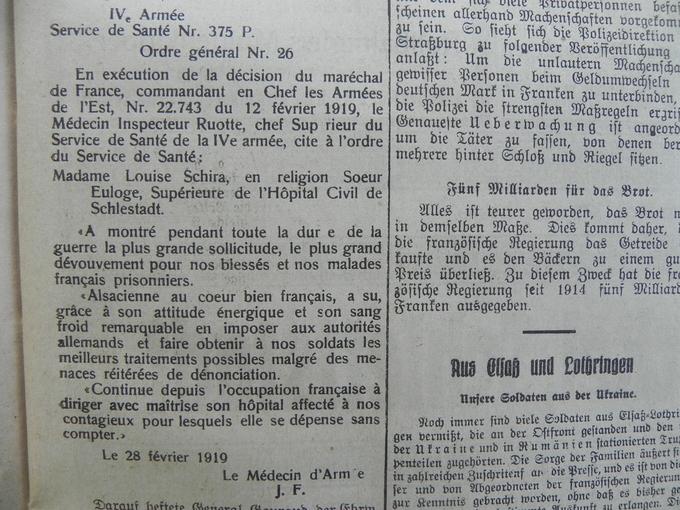 Hommage à Madame Louise Schira, Sœur Euloge, Supérieure à l’Hôpital Civil, qui a montré "le plus grand dévouement pour nos blessés, et nos malades français prisonniers" et une ténacité sans faille envers l'ennemi. 