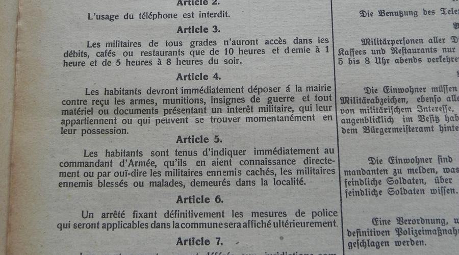 Différentes interdictions et obligations établies par le Général Commandant l’Armée.  Entre Novembre et Décembre 1918.