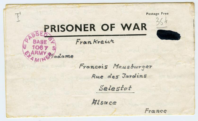 Pli envoyé par François Meusburger à Denise "Nison" alors qu'il est hospitalisé en Angleterre et prisonnier des américains.