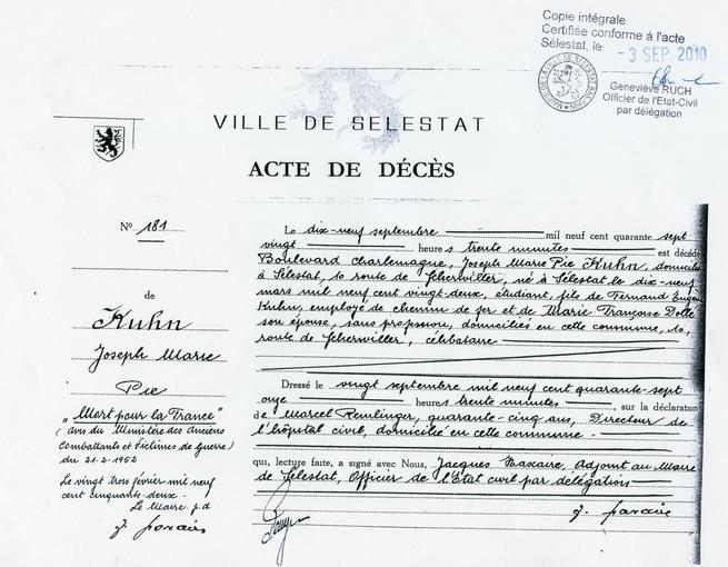 Acte de décès de Josph Kuhn, décédé le 19 Septembre 1947 des suites d'une maladie des poumons provoquée par l'insalubrité de sa cachette. 