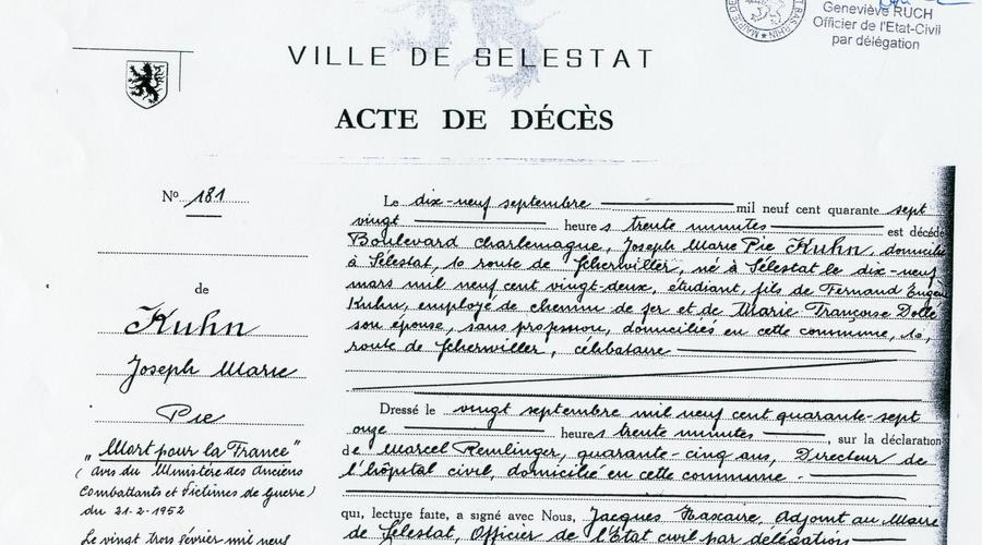 Acte de décès de Josph Kuhn, décédé le 19 Septembre 1947 des suites d'une maladie des poumons provoquée par l'insalubrité de sa cachette. 