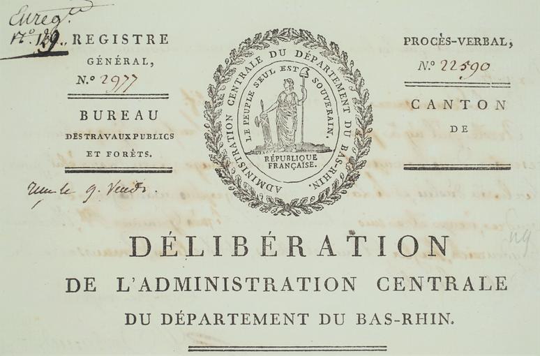 Entête de lettre d'une délibération de l'Administration Centrale du Département du Bas-Rhin. Nous pouvons voir, de nouveau le bonnet phrygien