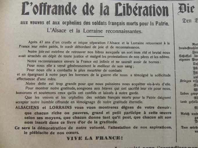 « Que les veuves et les orphelins des soldats français morts pour la Patrie daignent accepter notre humble offrande en témoignage de notre gratitude éternelle ».  Le 6 Janvier 1919.