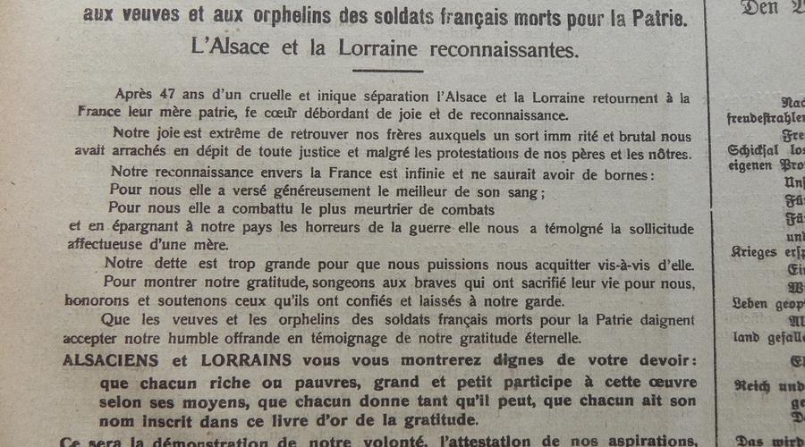 « Que les veuves et les orphelins des soldats français morts pour la Patrie daignent accepter notre humble offrande en témoignage de notre gratitude éternelle ».  Le 6 Janvier 1919.