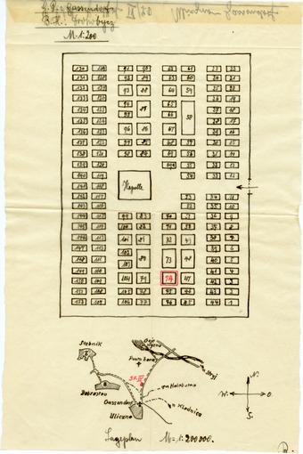 Croquis du cimetière dans lequel a été inhumé Karl Krafft, à Uliczno en Pologne. En rouge est indiqué l'emplacement de sa tombe. 