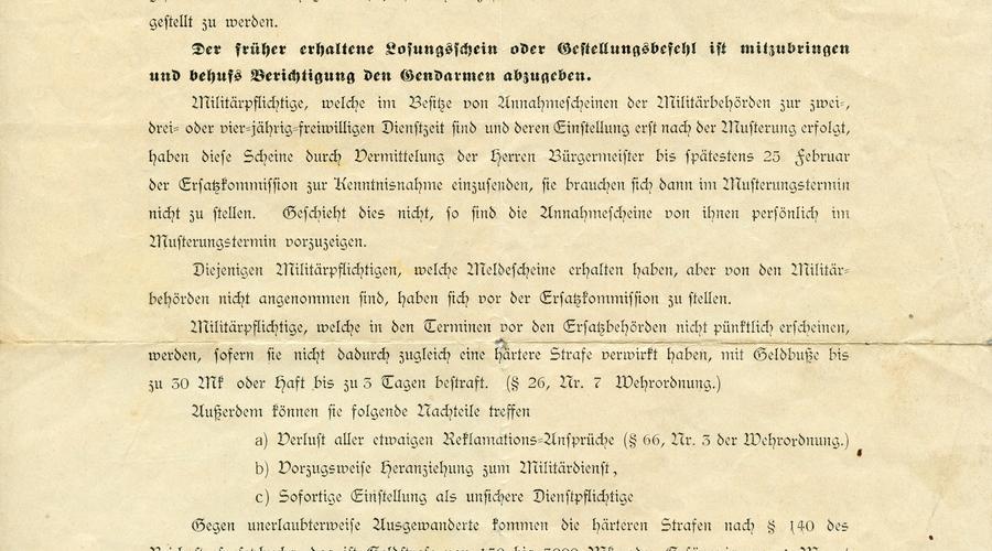 Ordre de présentation pour l'engagement dans le service militaire adressée à Karl Krafft. Il doit se présenter le 6 Mars 1914 à l'école maternelle sur le Neja Waj (artère principale traversant Sélestat d'Est en Ouest). Il y a un risque de punition s'il ne se présente pas. 