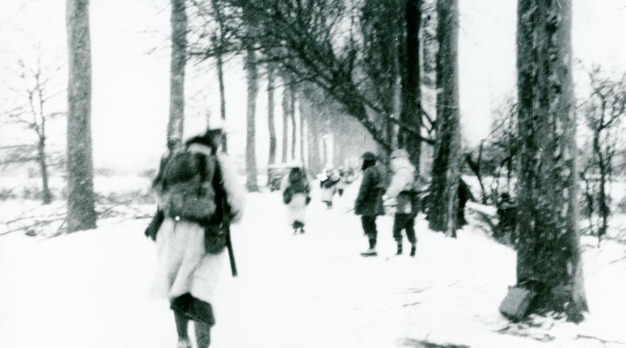 La colonne des hommes vêtus de leur tenues de camouflage blanches progresse sous les giboulées de neige, entre les alignements d'arbres de la route de Marckolsheim.