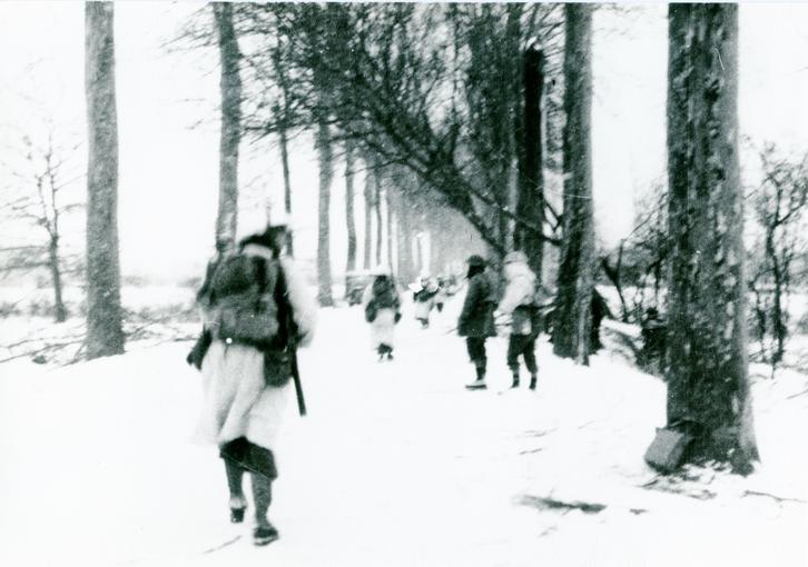 La colonne des hommes vêtus de leur tenues de camouflage blanches progresse sous les giboulées de neige, entre les alignements d'arbres de la route de Marckolsheim.
