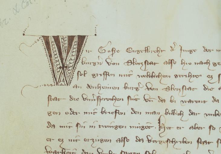 Traité d'assistance entre Strasbourg et Sélestat (AA97 - 1356). La lettrine représente un W.