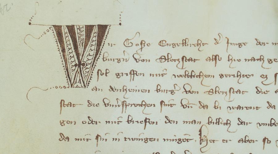 Traité d'assistance entre Strasbourg et Sélestat (AA97 - 1356). La lettrine représente un W.
