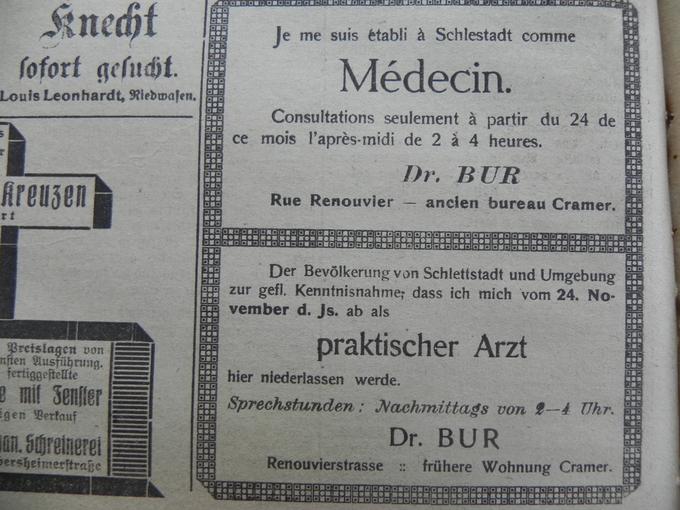 Le Dr Bur annonce l'installation de son cabinet médical à Sélestat. Le 23 Novembre 1918.