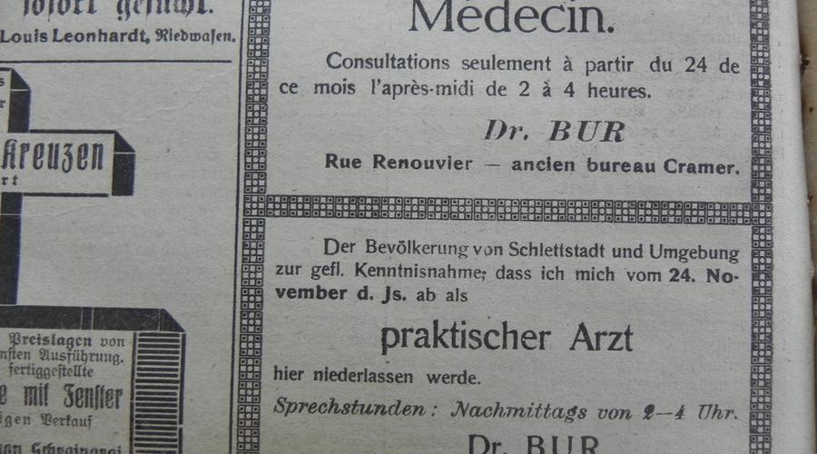 Le Dr Bur annonce l'installation de son cabinet médical à Sélestat. Le 23 Novembre 1918.