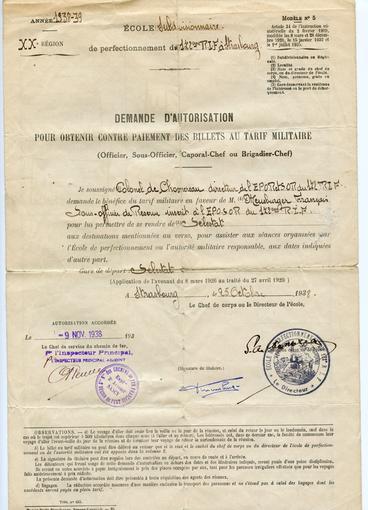 Autorisation pour l'obtention d'un tarif militaire pour les déplacements depuis Sélestat vers les lieux d'instruction du service militaire. Le 9 Novembre 1938.