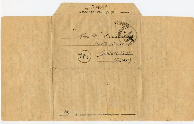 Lettre écrite par François Meusburger adressée à "Nison", et envoyée le 24 Octobre 1944.  