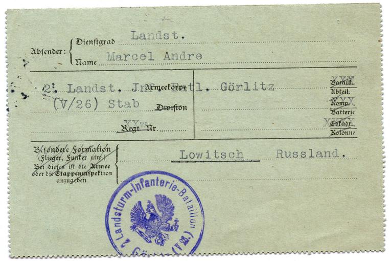 Verso du pli. Marcel André écrit depuis la Russie, il a été envoyé au front Russe comme le fut Karl Krafft. 