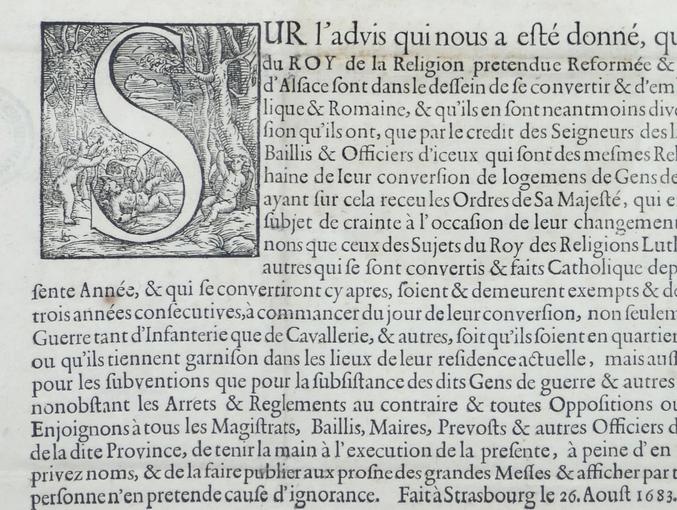 Lettre de Jacques de la Grange, conseiller du Roy en ses conseils, intendant de la justice, police en Alsace et Brisgav (AA184 - 1683). La lettrine représente une S.  